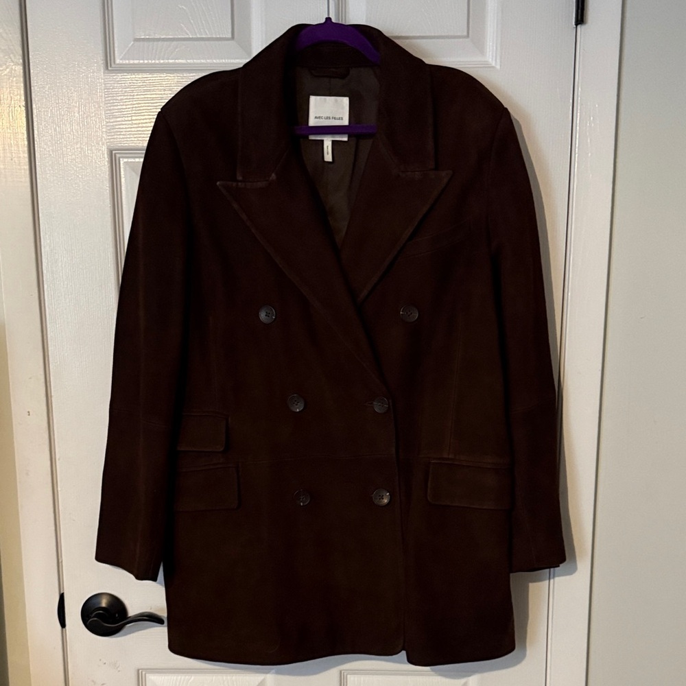 Avec Les Filles Dark Brown Double-Breasted Real Suede Blazer